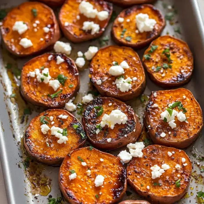Golden potato slices on a tray with feta crumbles and fresh herbs.
