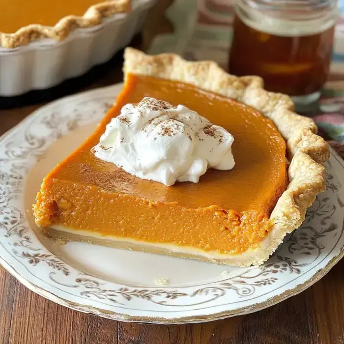 A piece of pumpkin pie with whipped cream on a patterned plate, with a whole pie and a glass jar in the back.