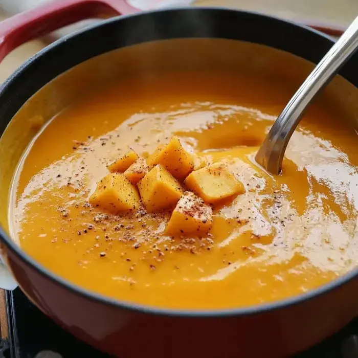 A bubbly orange pot of soup topped with diced bits and pepper sprinkle.