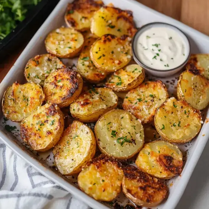 Crispy potato slices topped with herbs on a plate, served next to a dipping sauce bowl.