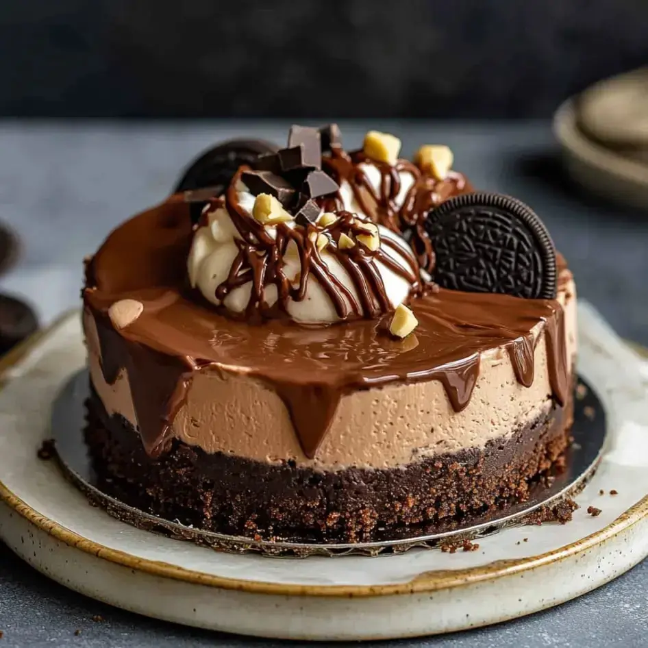 Thick chocolate cheesecake with whipped cream, chocolate on top, Oreos, and nuts, all sitting on a cookie crust.