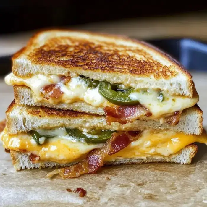 A melted cheese sandwich stacked, showing crispy bacon and roasted jalapeños between toasted slices of bread.