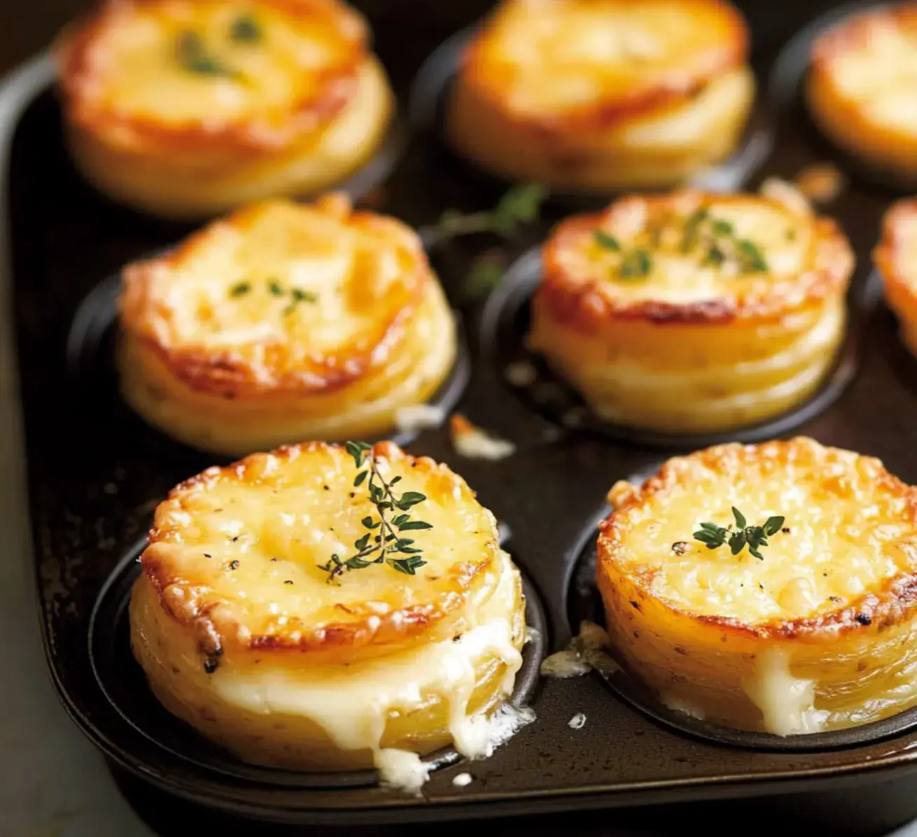 Stacks of cheesy golden potatoes and thyme baked up in a muffin tray.