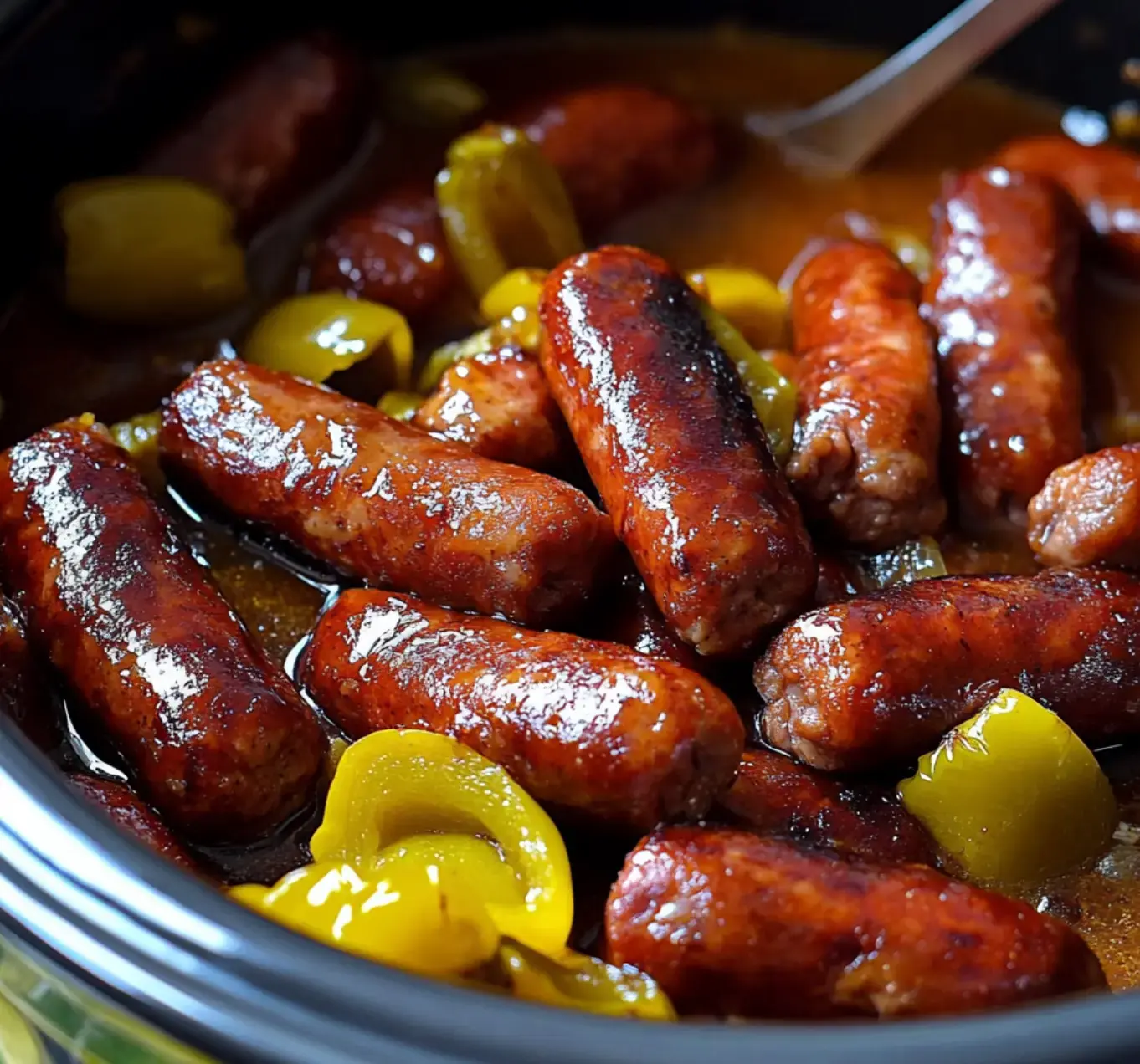 Little sausages and yellow peppers in a saucy crockpot dish.