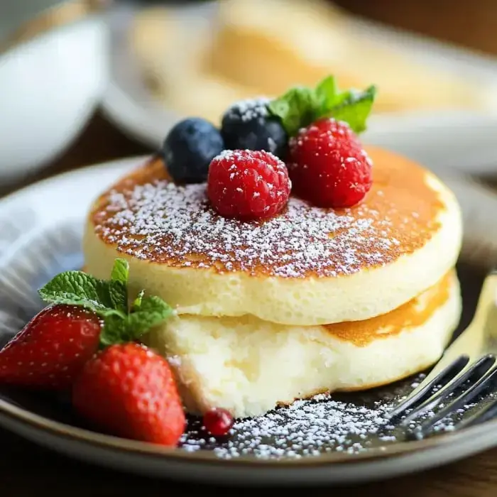 Plate stacked with super fluffy pancakes dusted in powdered sugar, topped with raspberries, blueberries, strawberry slices, and a mint leaf.