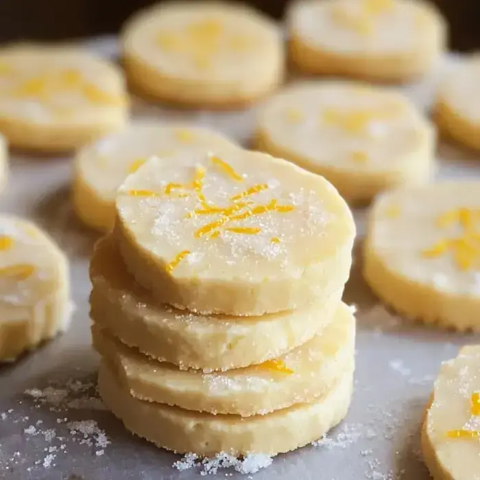 Round golden cookies with a sugary lemon topping, resting in stacks and scattered on a baking sheet.
