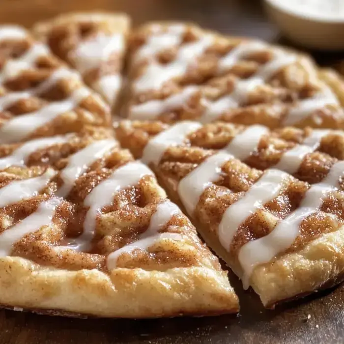 Iced cinnamon triangles on a board, cut and drizzled for serving.