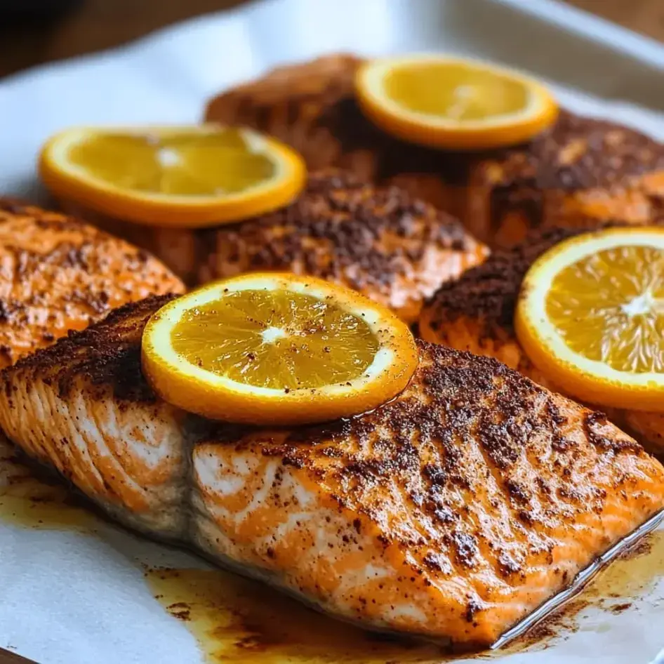 Seasoned salmon fillets with orange slices on a tray.