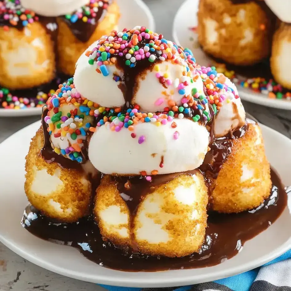 Dessert plate holding piles of breaded fried ice cream balls covered in sprinkles and chocolate drizzle.