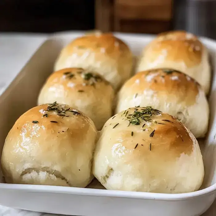 Golden dinner rolls with rosemary sprigs, baked fresh and brushed with garlic butter.