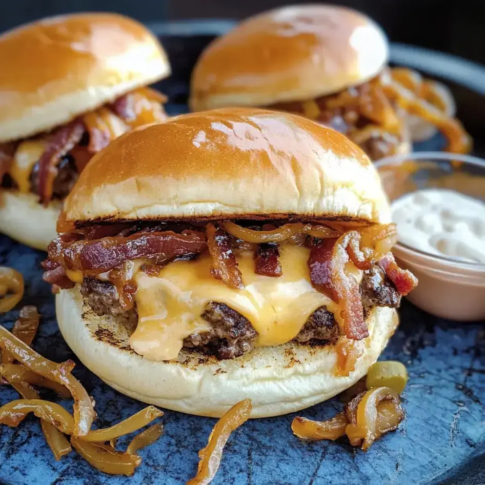 Big juicy cheeseburger loaded with bacon and onions, sitting next to dipping sauce, looking super tasty.