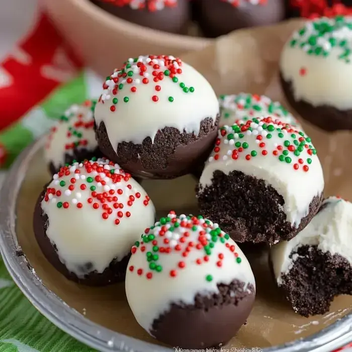 A dish of chocolate-dipped cookies with white icing and red-green sprinkles on top.