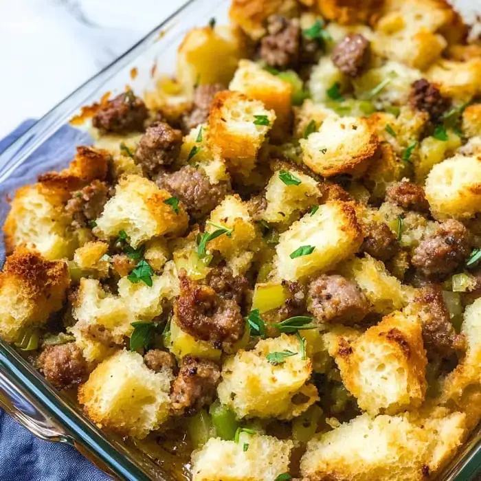 Close-up of sausage bread stuffing with parsley topping.