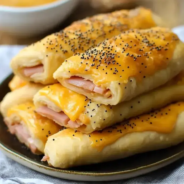 Golden crescent rolls with ham and melty cheese on a plate, topped with poppy seeds.