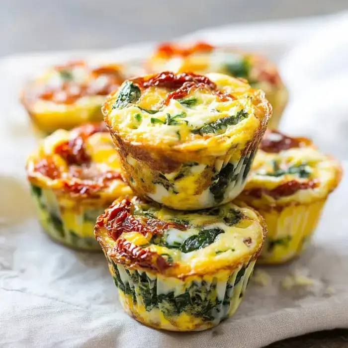 Several sun-dried tomato and spinach egg muffins stacked on a light cloth.