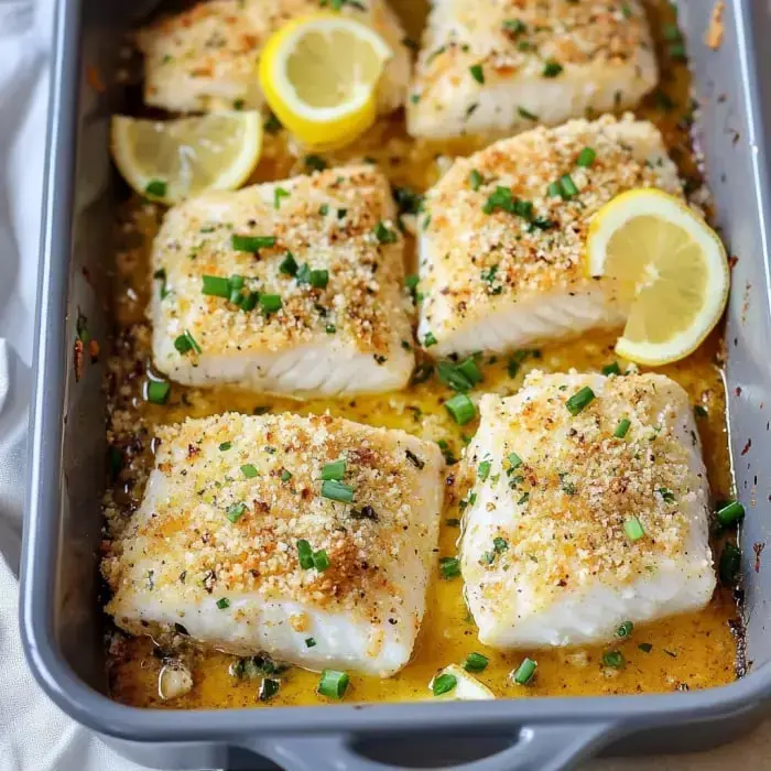 Golden-baked fish fillets with Parmesan topping, lemon slices, and green onion in a gray baking dish.