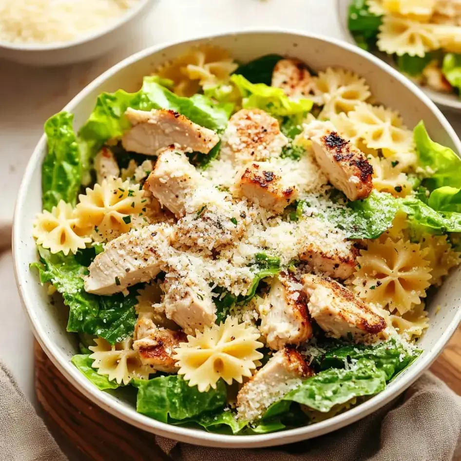 Bowl filled with bowtie pasta, chopped grilled chicken, crisp lettuce, grated cheese, and herbs on top.