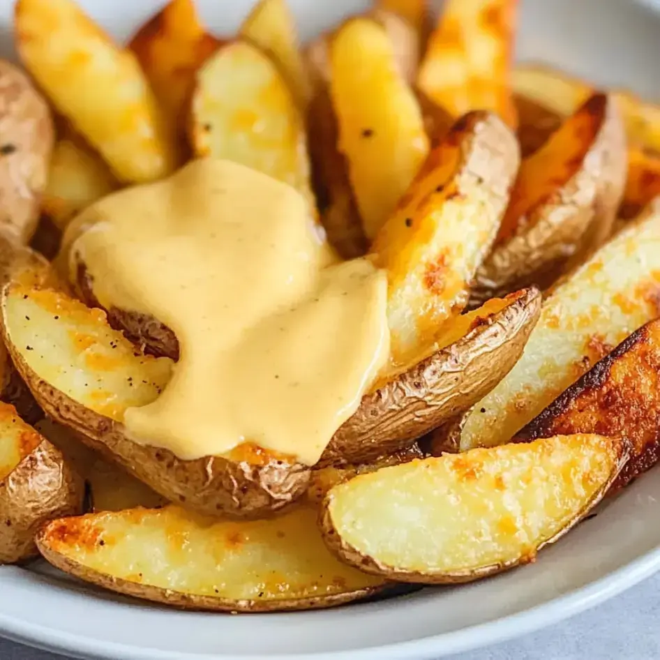 A plate stacked with crispy potato wedges smothered in silky cheese sauce.