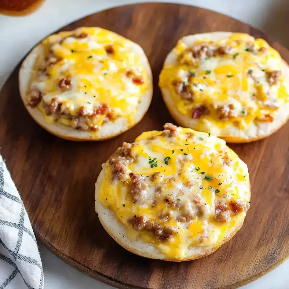 Three halves of English muffins toasted and piled with cheesy sausage, then sprinkled with herbs, all set on a wooden board.