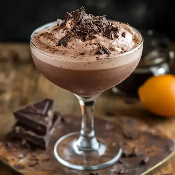 A rich chocolate dessert cocktail in a classy glass, garnished with chocolate shavings and served alongside chocolate pieces and a lemon slice.
