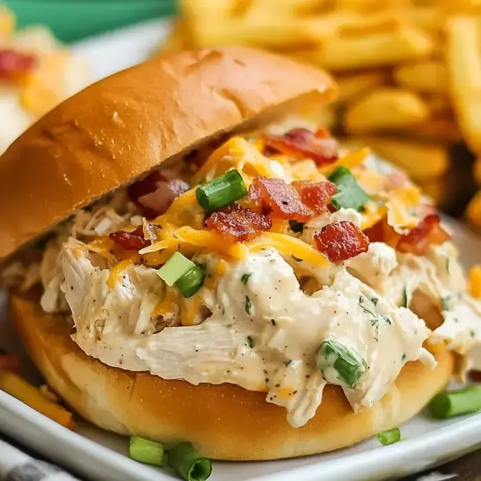 Check out this sandwich overflowing with creamy chicken, crunchy bacon, gooey cheese, and bright green onions. Comes with crispy fries on the side.