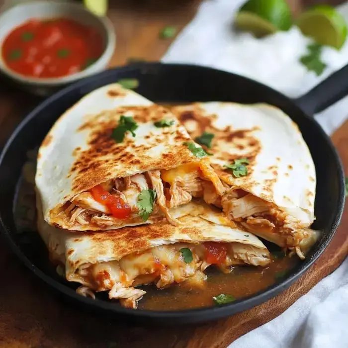 Golden quesadillas stuffed with chicken and melted cheese, served sizzling hot in a skillet with fresh salsa.