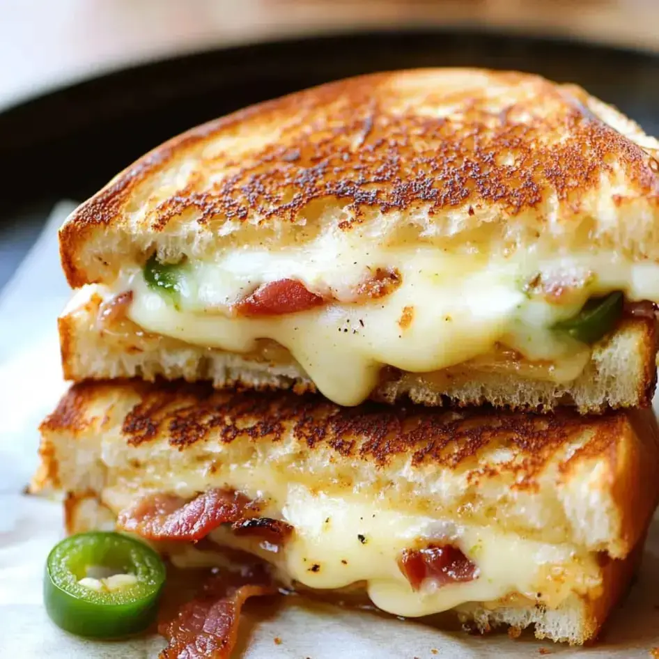 A gooey sandwich packed with bacon, melty pepper jack, jalapenos, and a crunchy crust, all golden and toasty.