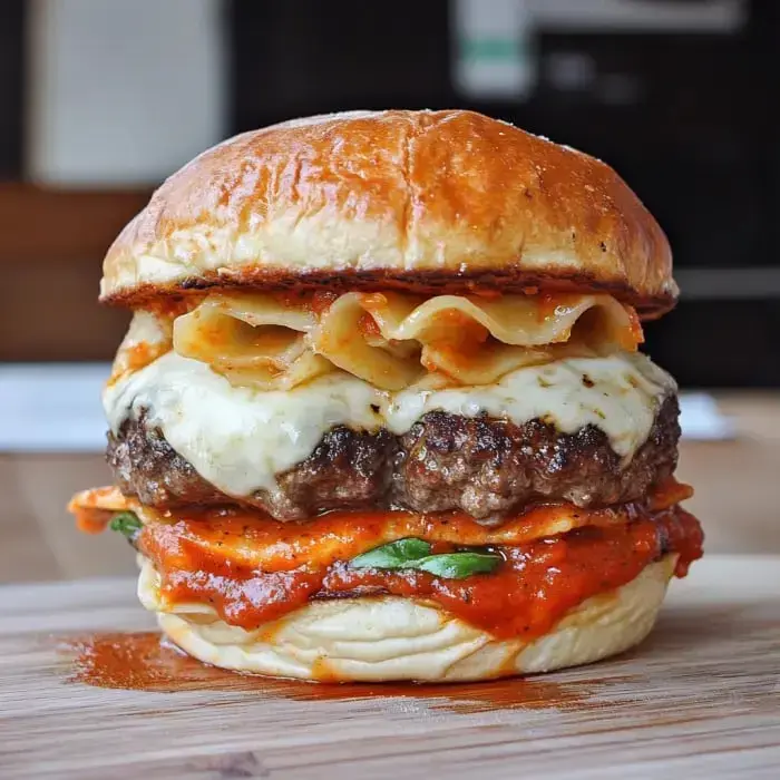 A tall burger topped with lasagna pasta, marinara, mozzarella, and sausage beef patties, served on a toasted bun.