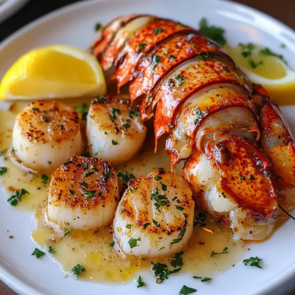 Juicy lobster tails and grilled scallops on a plate, topped with chopped parsley and served with lemon slices.