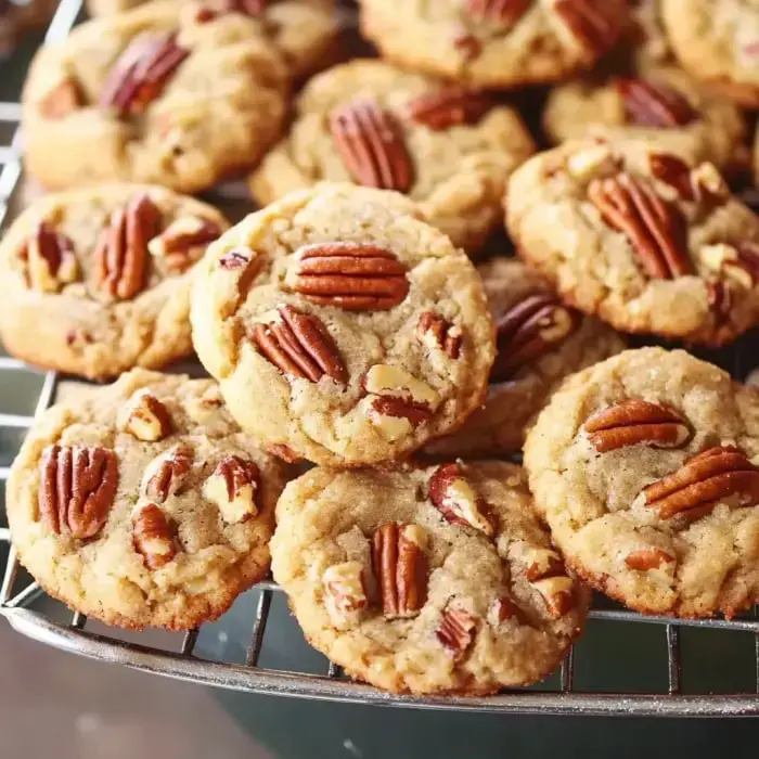Zoomed-in view of golden-brown cookies topped with pecans on a wire rack.