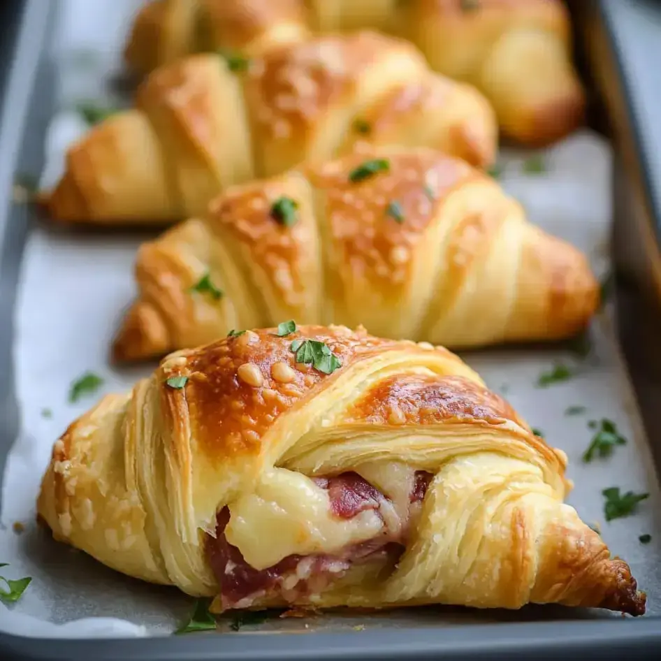 Buttery crescent rolls stuffed with ham and cheese, sprinkled with fresh parsley and set on a baking sheet.