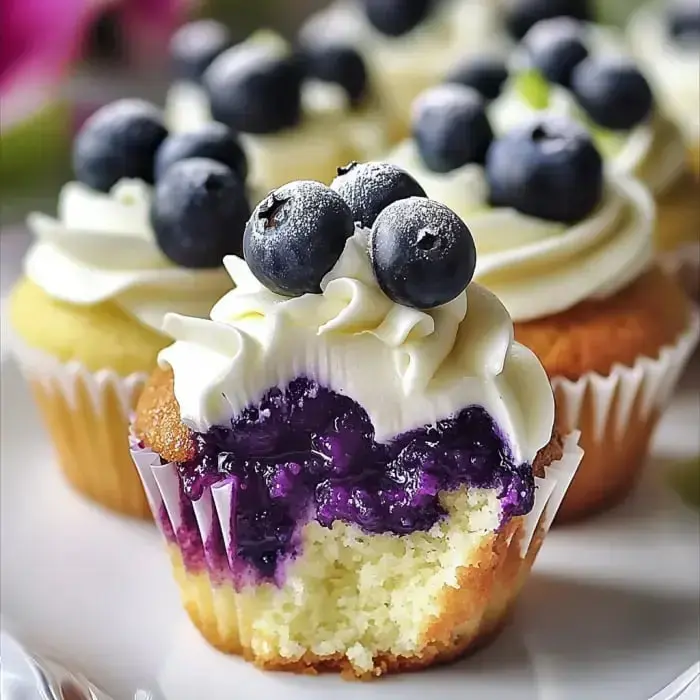 Cupcakes frosted with whipped cream and blueberries, one split open showing a purple inside.