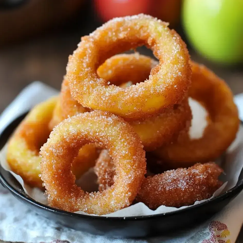 A stack of crisp, sugary cinnamon apple rings on a plate, making for a tempting dessert idea.