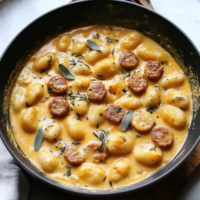 Creamy gnocchi with sausage slices and fresh herbs in a skillet.