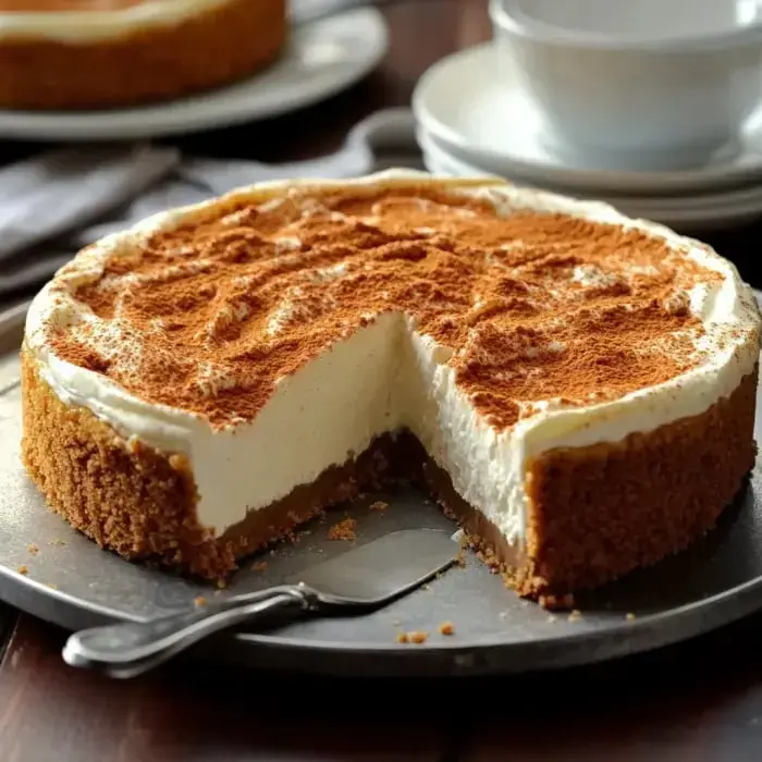 A smooth cheesecake with a cinnamon crust on a metal plate. A slice is removed and sprinkled with cinnamon.