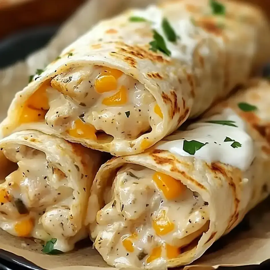 Three flour tortillas rolled up with chicken, cheese, and creamy stuff inside, topped with parsley.