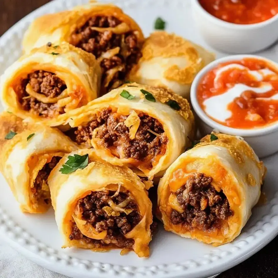 Crunchy rolls packed with beef and melty cheese, set on a plate next to salsa and dip cups.