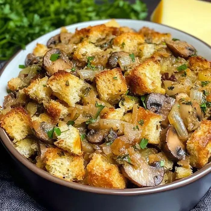 A bowl of herby stuffing with toasted bread cubes, mushrooms, onions, and parsley garnish.