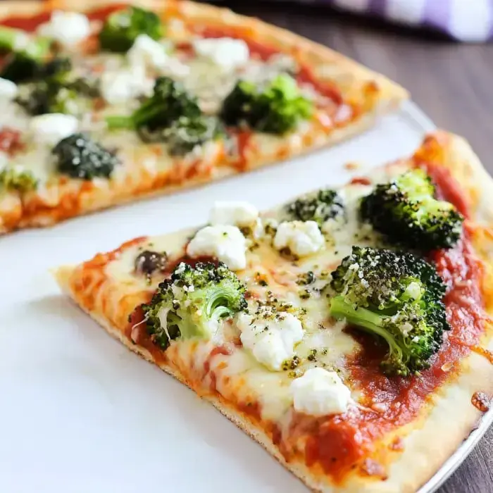 Broccoli and melty cheese on two pizza wedges sitting on a plate.