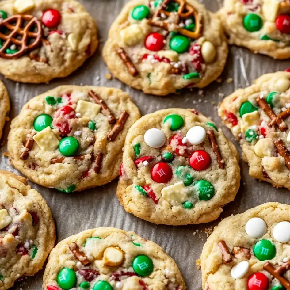 Colorful holiday cookies scattered with candies, salty pretzels, and sweet white chocolate chips.