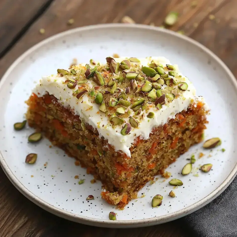 A moist slice of carrot zucchini cake with pistachio frosting, served on a white dish.