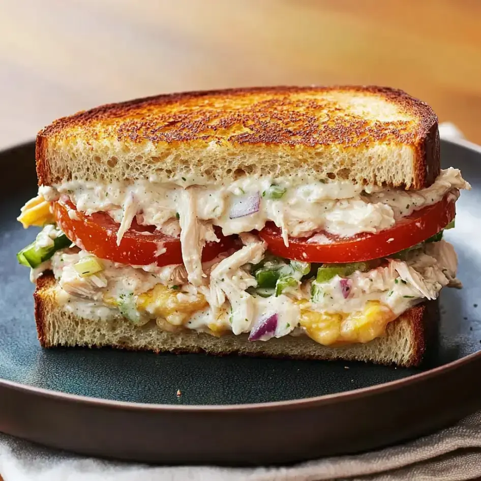 A cheesy grilled sandwich stuffed with chicken, veggies, and creamy dressing, served on crispy whole-grain toast.