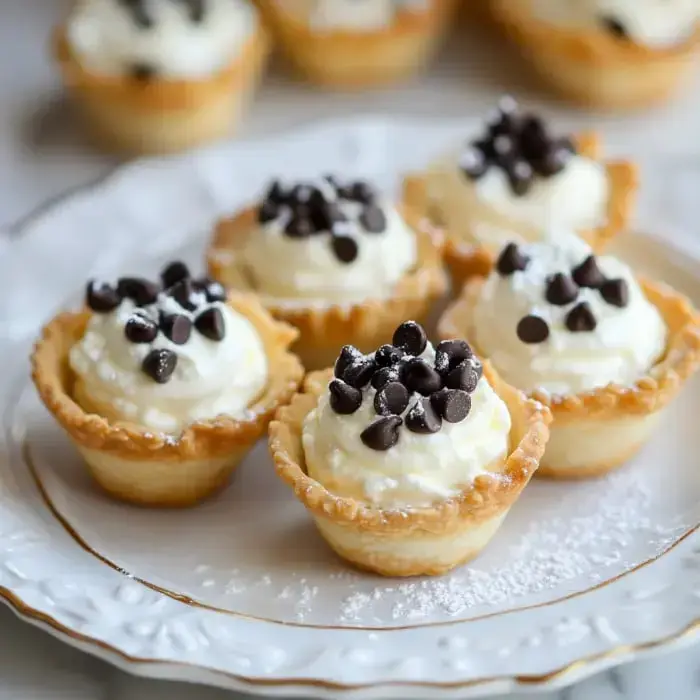 Cream-filled pastry cups adorned with chocolate chips and whipped cream.
