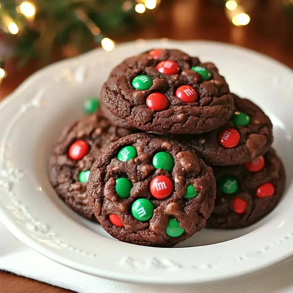 Chocolate cookies loaded with red and green candies, shown on a plate in a merry setting.