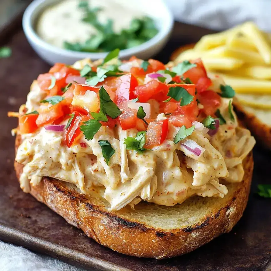 Toasted bread topped with shredded chicken, tomatoes, fresh cilantro, red onion, with dipping sauce and fries in the background.