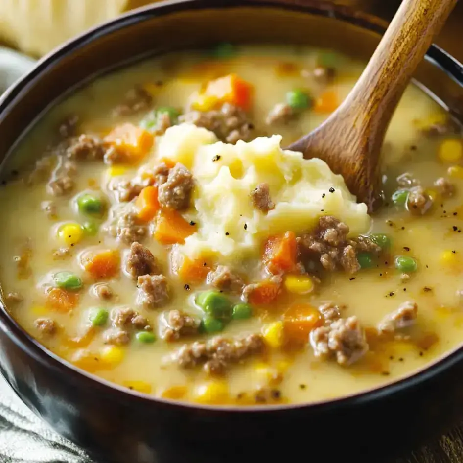 Cozy bowl of creamy soup with ground beef, mixed veggies, mashed potatoes, and a wooden spoon.