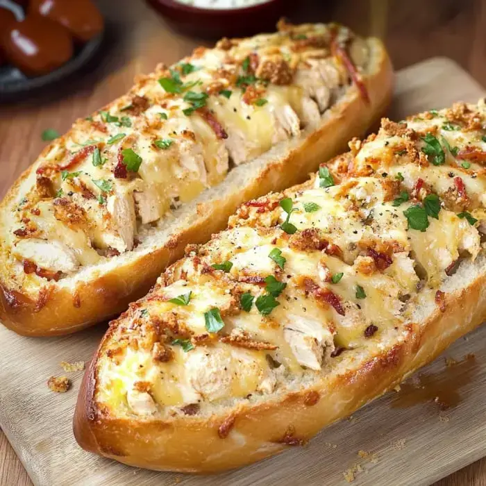Golden loaves filled with chicken, bacon, gooey cheese, and herbs. All set on a wooden board.