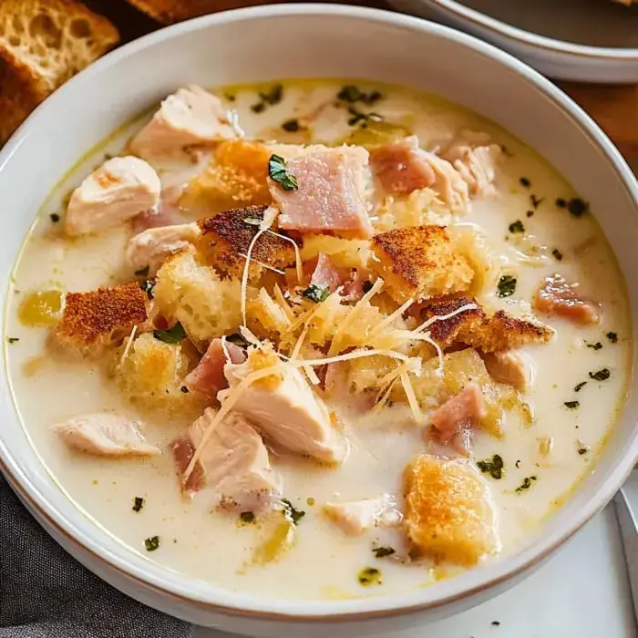 Creamy bowl with chunks of chicken, diced ham, melty cheese, crunchy croutons, and fresh herbs.