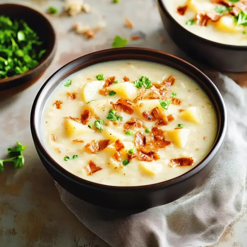 A creamy white potato soup in a bowl with crunchy bacon and parsley on top, cilantro chopped on the side.