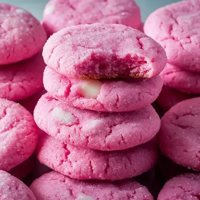 Pile of pink cookies on a plate, one missing a bite. More cookies scattered around.